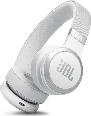 A white JBL Bluetooth headphone is shown against a white background.