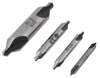 Imagen del producto de Juego de brocas centradoras, de 4 piezas, con ángulo de 60°, en tamaños 1/2, 2.5 y 5 mm, para mecanizado de metales