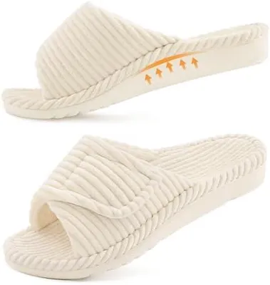 Produktbild von Litfun Orthopädische Damen Hausschuhe mit Memory Foam fussbett, Arch Support Verstellbarer Klettverschluss pantoffeln, Cord offene Zehen slipper Indoor Outdoor