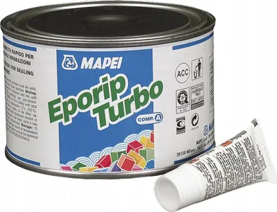A can of Mapei Eporip Turbo and a small tube of product are shown on a white background.