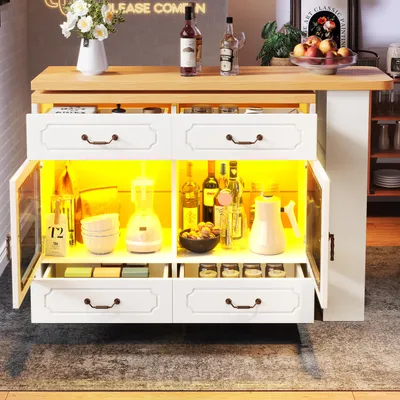 Immagine prodotto di Tavolino bar allungabile con spazio contenitivo, da 135 a 203 cm, girevole a 360°, illuminazione LED, 4 cassetti, ripiano laterale, colore bianco, realizzato in MDF