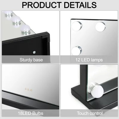 Productafbeelding van Puluomis make-upspiegel Hollywood, 80x60 cm, make-upspiegel met verlichting, 18 LED's, 3 kleuren, dimbaar met USB, 10-voudige vergroting, wandspiegel, zwart