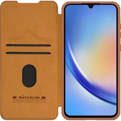 A brown flip case for a smartphone is shown open, with the smartphone inside.