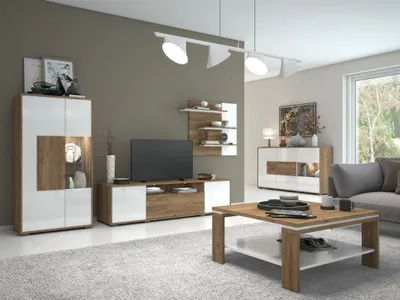 Produktbild von Wohnzimmer Komplett - Set B Manase, 5-teilig, Farbe: Eiche Braun / Weiß Hochglanz
