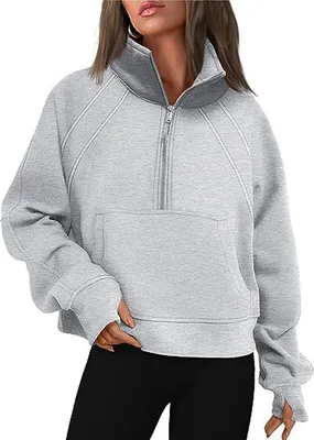 Produktbild von ASKSA Damen Sweatshirt Stehkragen Reissverschluss Pullover Einfarbige Fleece Oberteile, Grau, M