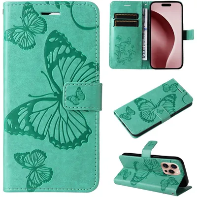Produktbild von Mobigear Butterfly iPhone 16 Pro Hülle Klapphülle Geldbörse - Grün