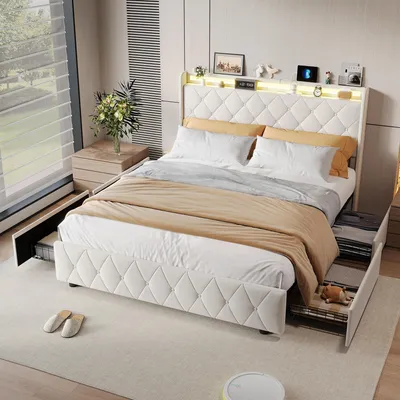 Image de Lit UnboxG 140 x 200 cm avec 4 tiroirs et port USB – Lit coffre rembourré en velours beige, tête de lit LED, lit double