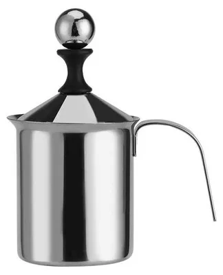 Zdjęcie produktu dla Ibenzoa® Ręczny spieniacz do mleka ze stali nierdzewnej 304, pojemność 400 ml – podwójne sitko, obsługa manualna, można myć w zmywarce, ergonomiczny uchwyt, idealny do cappuccino i latte