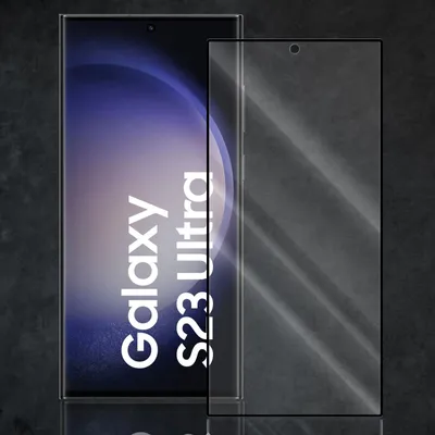 A smartphone screen protector is shown next to a smartphone displaying the 'Galaxy S23 Ultra' logo.