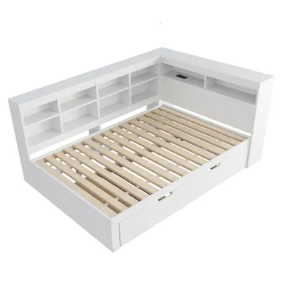Produktbild von Schlafsofa 140x200cm Doppelbett (Ohne Matratze) Massivholzbett Mit 90x190cm Schleppbett Mit USB-Steckdose und Ablagefächern Multifunktionsbett Weiß