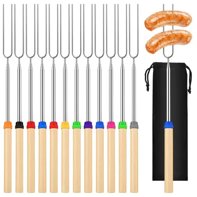 Imagen del producto de Brochetas telescópicas para barbacoa - de 31 a 81 cm - con mango de madera - juego de 12 unidades