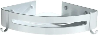 Produktbild von Weißes, selbstklebendes Eckregal aus Aluminium zur Wandmontage mit 2 Haken für Badezimmeraccessoires.