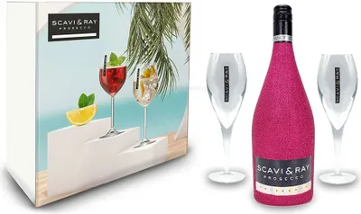 Produktbild von Scavi & Ray Bling Bling Hot Pink Glitzer Giftbox Geschenkset - Scavi & Ray Prosecco Frizzante 0,75l (10% Vol) + 2x Prosecco Gläser -[Enthält Sulfite]