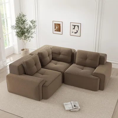 Productafbeelding van Modulair hoekbank van corduroy, 3-zits diepe zitbank, framevrije bank in bruin, geschikt voor huisdieren, zonder montage, 206x206x69 cm