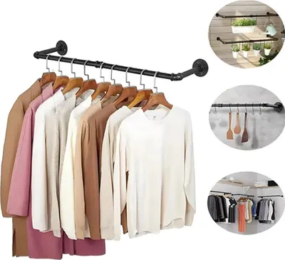 Collage of images showing a black metal pipe garment rack mounted on a wall, with clothes hanging on it, and smaller inset images showing the rack used for plants and kitchen utensils.