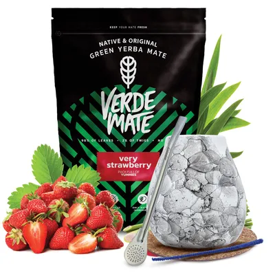 Produktbild von Verde Mate - Mate Tee Set Very Raspberry 500g - Yerba Mate Dicke Blätter 5mm - Keramik Becher Marmol Blanco 300ml, Bombilla - Luftgetrocknet, Mild