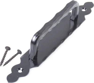 A black metal door handle with two screws on a white background.