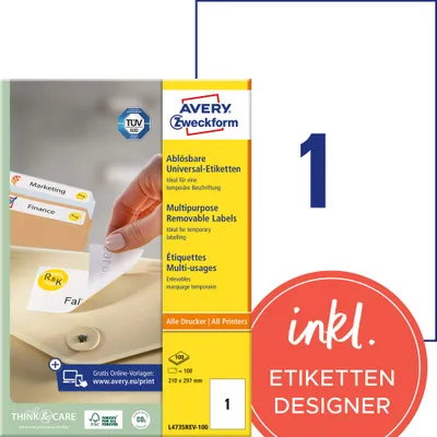 Produktbild von Avery Zweckform L4735REV-100 Universal-Etiketten, ablösbar, A4 210 x 297 mm, weiß