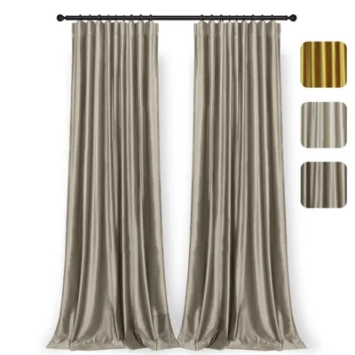 Two gray velvet curtains hanging from a black curtain rod against a white background. Three color swatches are shown to the right of the curtains.