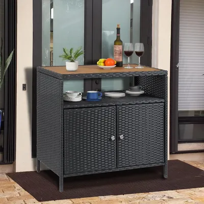 Immagine prodotto di Armadio da esterno e tavolino da bar in rattan, mobile da giardino resistente alle intemperie con due ante, ideale per terrazzi