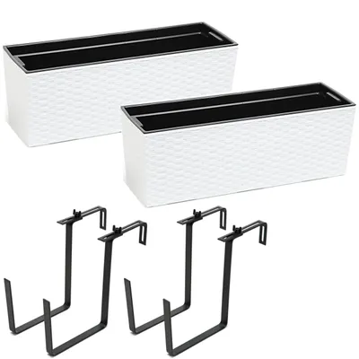 Obrázok produktu pre 2 ks kvetináč balkón box zábradlie box kvetináč balkón hrniec \ držiak kov \ biely ratan 56 x15x19 cm kvetináč