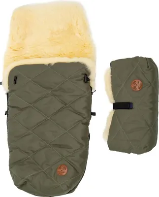 Produktbild von Kinderwagen Fußsack & Handwärmer Set aus Merino Lammfell Grün -