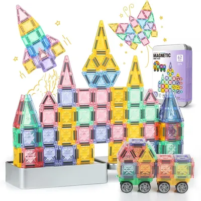 Produktbild von Mini Magnetische Bausteine 62-teilig – Magnetisches Reiseset mit Aufbewahrungsbox – Magnetfliesen für Kinder ab 3 Jahren – STEM/MINT Sensorik Lernspielzeug – 60 Magnetbausteine & 2 Magnetautos – Tragbares Bauspielzeug für Jungen und Mädchen