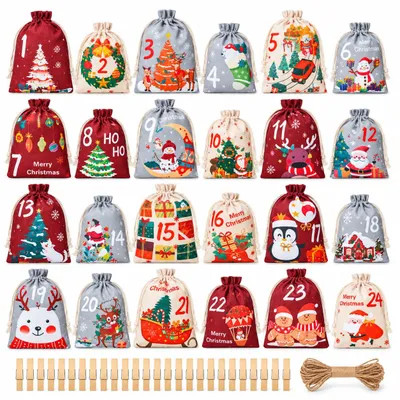 Adventskalenderbeutel 24er Set, Stoff, aufhängbar, befüllbar