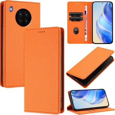 Produktbild von Litchi Leder Handyhülle für Huawei Nova 8i/Honor 50 Lite Wallet Kartenfächer Standfunktion Hülle Orange