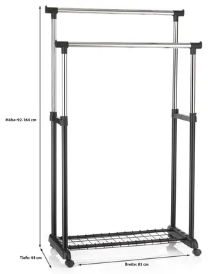 Immagine prodotto di Appendiabiti GROSSO, porta abiti mobile, porta abiti con ripiano per scarpe, 2 aste appendiabiti, altezza regolabile, struttura in tubi di metallo cromati, colore nero