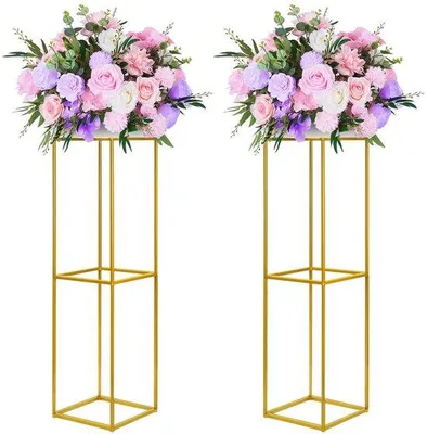 Immagine prodotto di 2 supporti per fiori in metallo da 80 cm, con elementi centrali dorati, supporti per fiori in acrilico con pannelli trasparenti, espositori geometrici per decorazioni di feste di matrimonio
