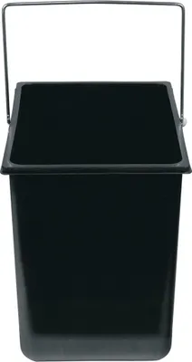 A black rectangular bucket with a silver handle is shown against a white background.