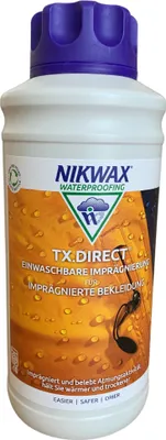 A bottle of Nikwax TX.Direct Wash-In waterproofing treatment.