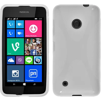 A white silicone case for a Nokia Lumia 530 phone is shown from the front and back.