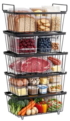 Zdjęcie produktu dla Zimilo, zestaw 5 koszy do zamrażarki, organizatory z możliwością układania w stos, metalowe, czarne, wymiary 37x18x15 cm, system organizacji obciążenia do 15 kg
