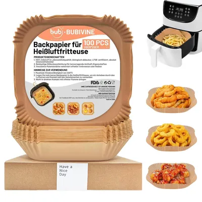 Image de Papier cuisson pour friteuse à air, 100 feuilles, 20x20 cm, résistant à la chaleur jusqu'à 230°C, LFGB