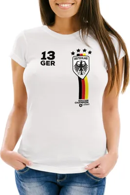 Produktbild von Damen T-Shirt Fanshirt Fußball EM WM Deutschland Trikot Slim Fit MoonWorks® weiß XL