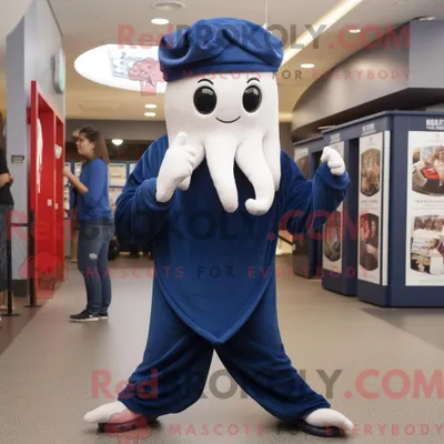 Produktbild von Navy REDBROKOLY Squid Maskottchen Kostüm Figur bekleidet mit einer Caprihose und Beanies