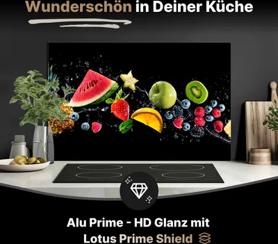 Produktbild von Spritzschutz Küchenrückwand aus Aluminiumverbund Glanz - 3mm - 125x50 cm  - Bunte Früchte mit Wasserspritzern