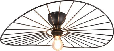 A black ceiling light with a wire frame resembling a fan or a sun.