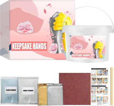A collage of product packaging and components for a 3D hand casting kit.