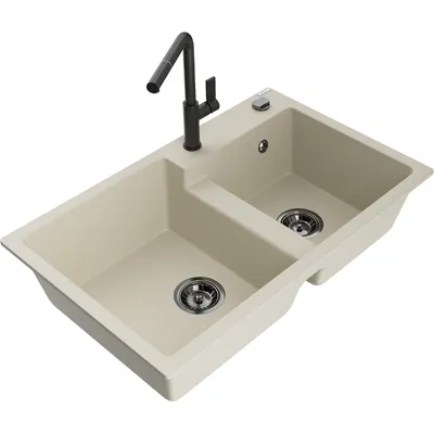 Obrázek produktu pro Mexen Tomas 2-miskový granitový dřez s kuchyňskou baterií Flora, Béžová - 6516-69-670401-70-B