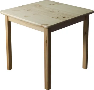 A square wooden table with four legs, shown from a slightly elevated front-left angle against a white background.