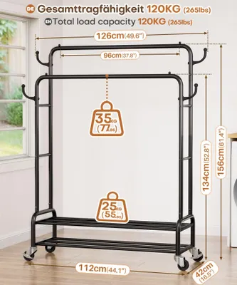 Image de Porte-vêtements sur roulettes, capacité de 120 kg, avec 2 barres de suspension et 4 crochets, en métal, pour chambre à coucher