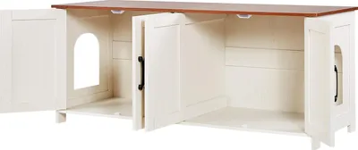 Obrázek produktu pro SucceBuy dřevěná skříňka pro kočky, 1200x450x500 mm, se 4 dvířky a 2 vchody, vhodná pro vnitřní kočkolit, domeček pro kočky v hnědé a bílé barvě