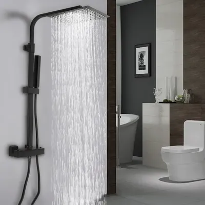 Obrázek produktu pro Sprchový systém s termostatem Čtvercová sprcha 25x25 cm bez baterie Dešťová sprcha 75-125 cm výškově nastavitelná (černá)
