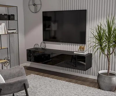 Produktbild von Schwarz TV Lowboard 180 cm Hängeschrank für Wohnwand Fernsehtisch Hochglanz Front MDF Fernsehschrank Kabelöffnung Push-to-Open