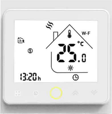 A digital thermostat display showing the current temperature, time, and Wi-Fi connection status.