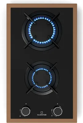 A top-down view of a two-burner gas stovetop with blue flames.