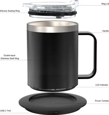 Obrázek produktu pro Ohřívač hrnků na kávu s šálkem a víkem Automatický ohřev 131-149 H Inteligentní konstantní teplota 12,3oz Dvouvrstvý ohřívač nápojů z nerezové oceli 304 Tepelná izolace pro stůl Domácí kancelář